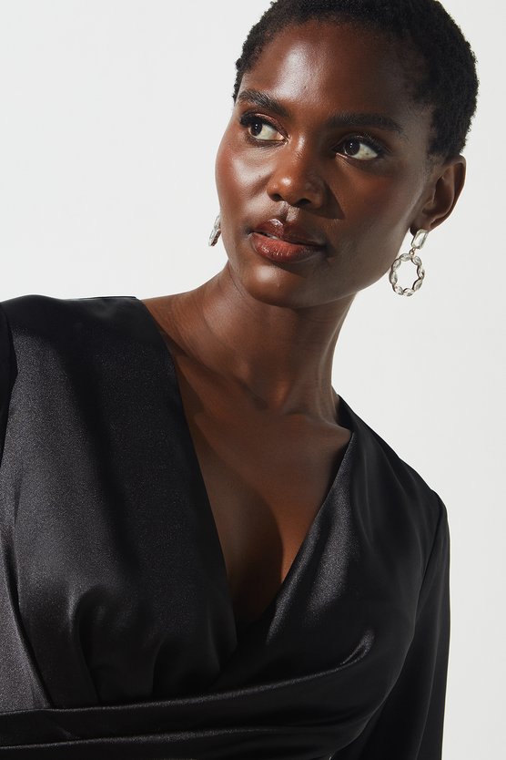 Karen Millen Satin Fringe Hem Wrap Waist Midi Dress Black