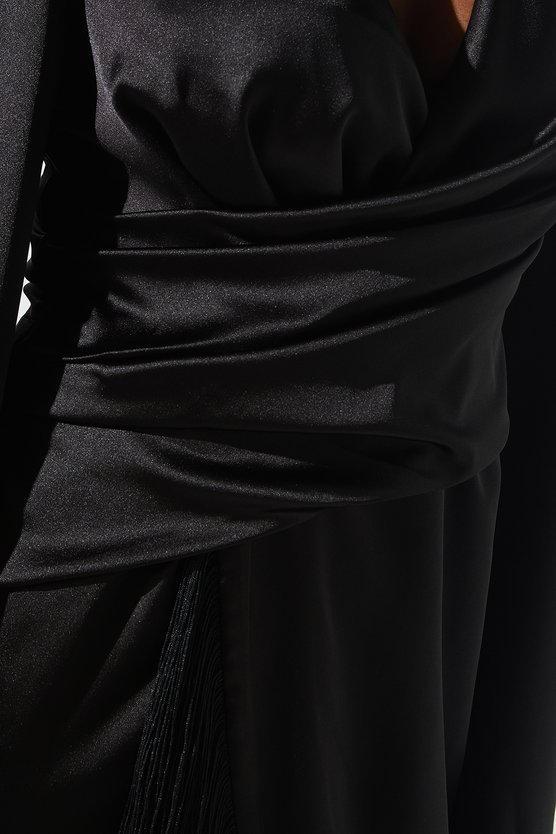 Karen Millen Satin Fringe Hem Wrap Waist Midi Dress Black