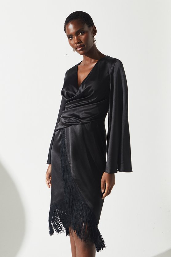 karen millen Satin Fringe Hem Wrap Waist Midi Dress black