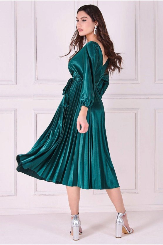 Karen Millen Satin Pleated Skirt Wrap Midi Dress Green