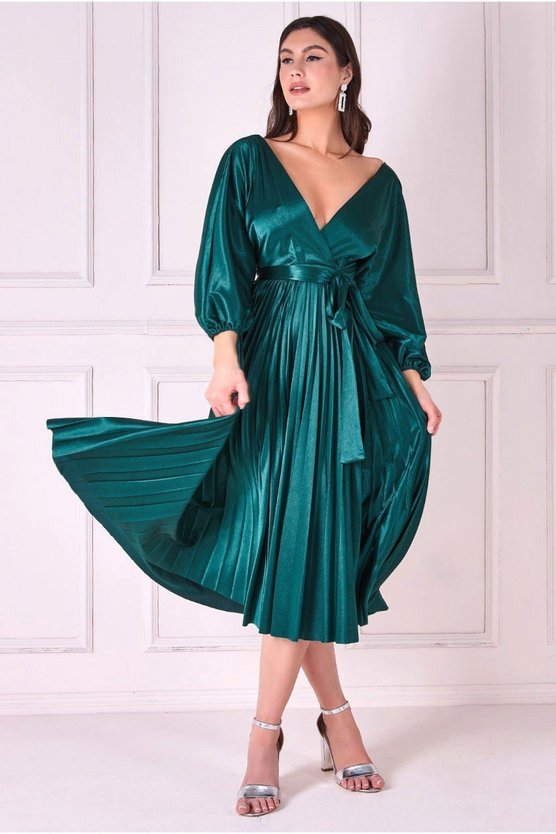 karen millen Satin Pleated Skirt Wrap Midi Dress Green