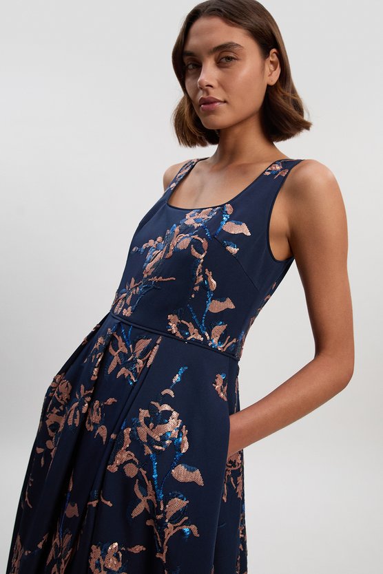 Karen Millen Satin Sequin And Embroidery Woven Prom Dress Navy