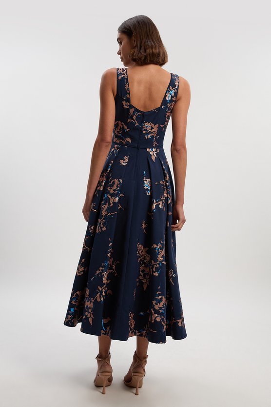 Karen Millen Satin Sequin And Embroidery Woven Prom Dress Navy
