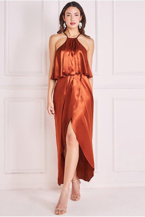 karen millen Satin Viscose Front Wrap Midaxi Dress Brown