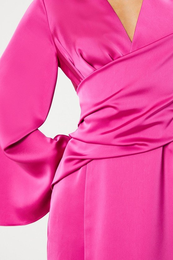 Karen Millen Satin Wrap Dress With Flare Sleeve Berry