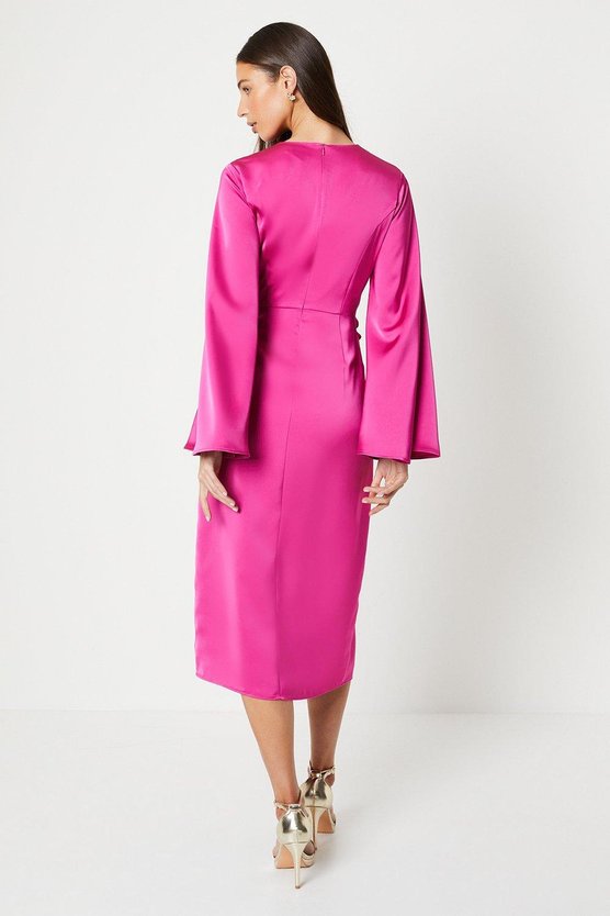 Karen Millen Satin Wrap Dress With Flare Sleeve Berry