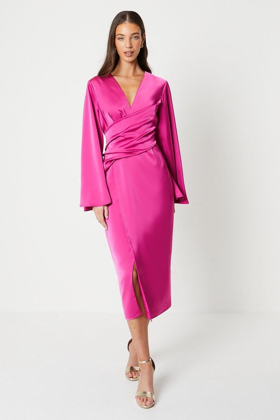 karen millen Satin Wrap Dress With Flare Sleeve berry