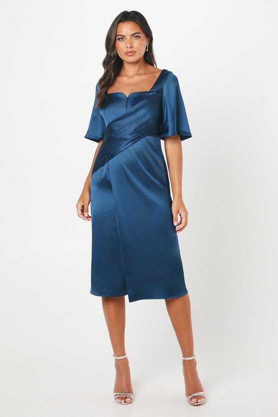 karen millen Satin Wrap Waist Flutter Sleeve Midi Wedding Guest Dress washed indigo