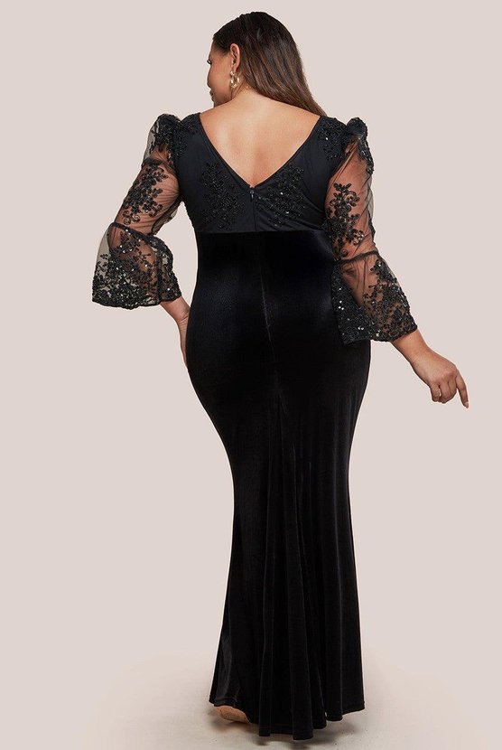 Karen Millen Scalloped Lace & Velvet Maxi Dress Black