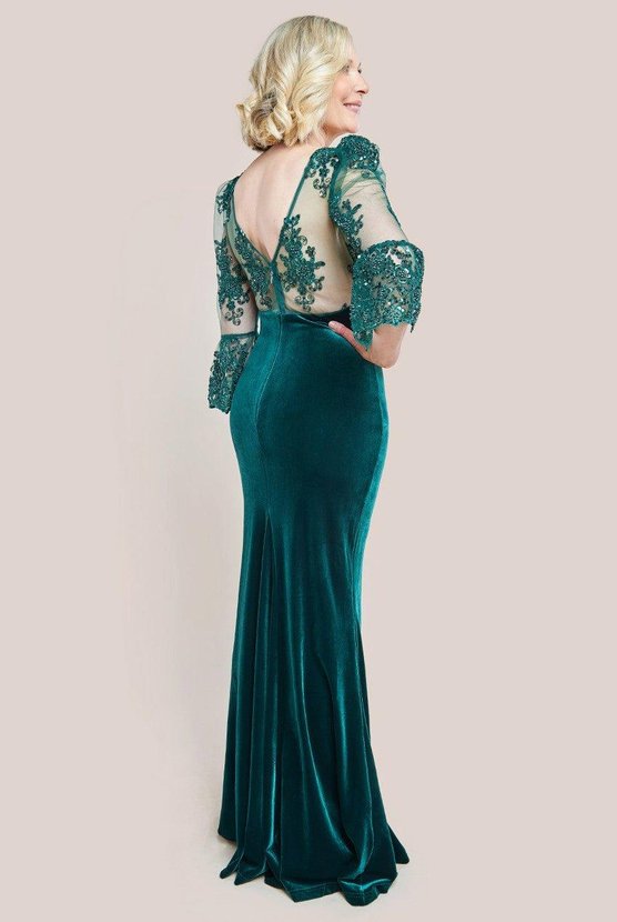 Karen Millen Scalloped Lace & Velvet Maxi Dress Emerald