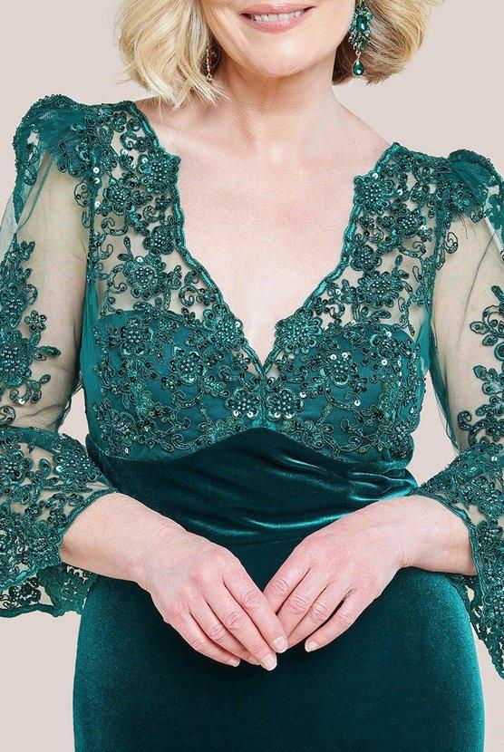 Karen Millen Scalloped Lace & Velvet Maxi Dress Emerald