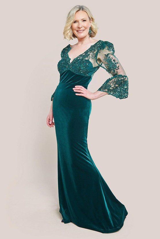 karen millen Scalloped Lace & Velvet Maxi Dress Emerald