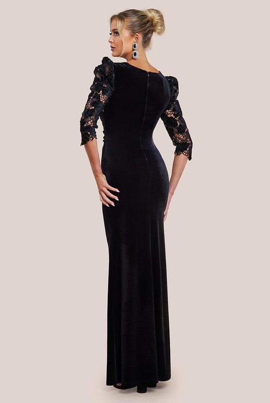 Karen Millen Scalloped Velvet Crochet Maxi Dress Black