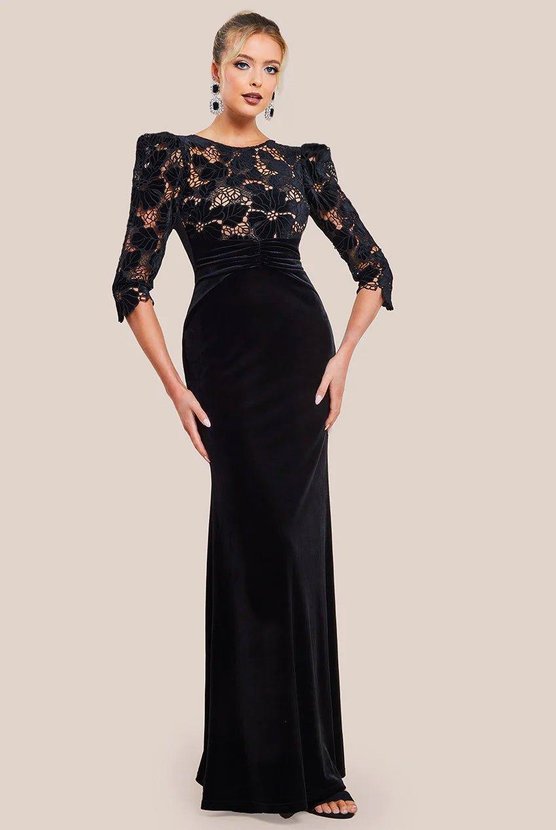 karen millen Scalloped Velvet Crochet Maxi Dress Black