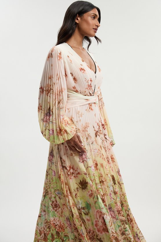 Karen Millen Scattered Floral Balloon Sleeve Pleated Crinkle Cut Out Woven Maxi Dress Ivory