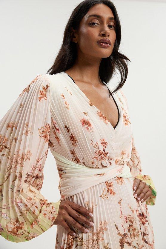 Karen Millen Scattered Floral Balloon Sleeve Pleated Crinkle Cut Out Woven Maxi Dress Ivory
