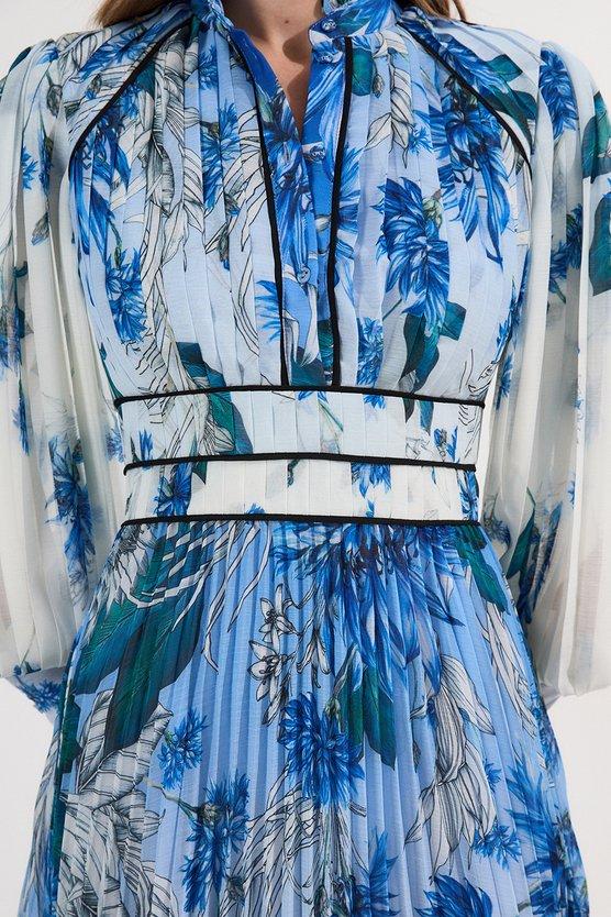 Karen Millen Scattered Floral Print Pleated Maxi Dress Blue