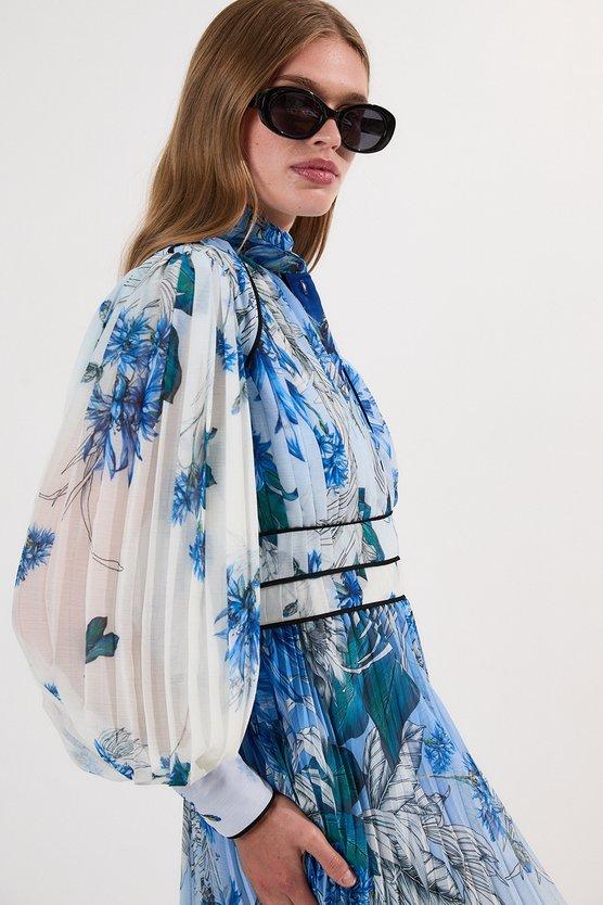 Karen Millen Scattered Floral Print Pleated Maxi Dress Blue