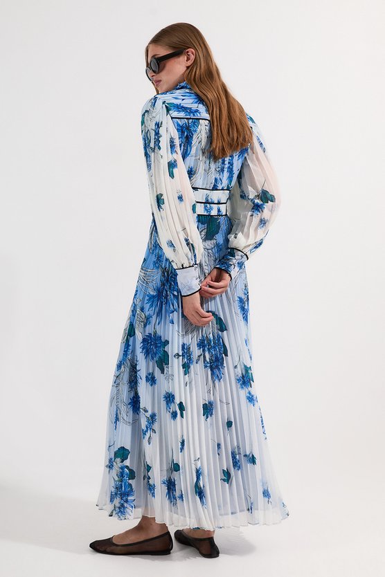 Karen Millen Scattered Floral Print Pleated Maxi Dress Blue