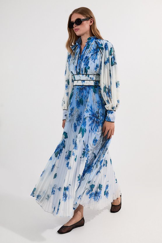 karen millen Scattered Floral Print Pleated Maxi Dress blue