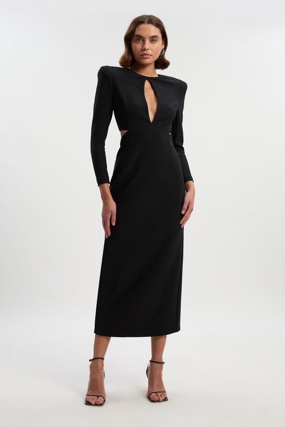 Karen Millen Scuba Crepe Plunge Mesh Paneled Maxi Dress Black