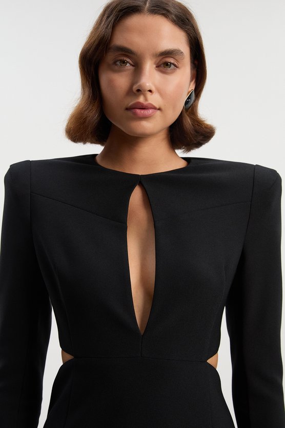 Karen Millen Scuba Crepe Plunge Mesh Paneled Maxi Dress Black