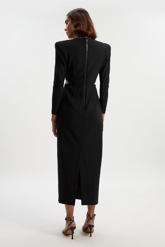 Karen Millen Scuba Crepe Plunge Mesh Paneled Maxi Dress Black