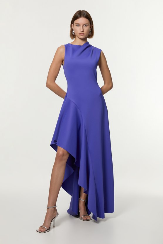 Karen Millen Scuba Drama Ruffle Hem Woven Maxi Dress Cobalt