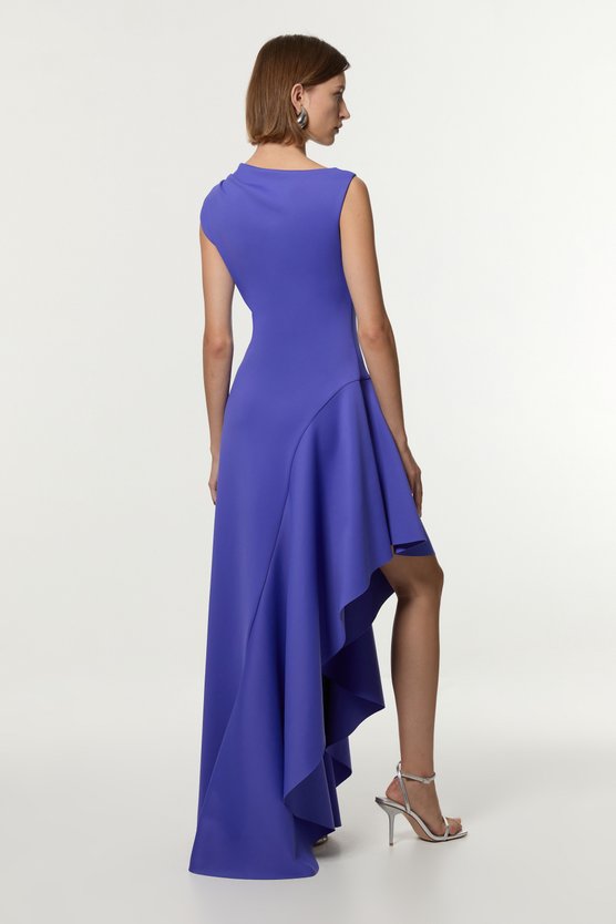 Karen Millen Scuba Drama Ruffle Hem Woven Maxi Dress Cobalt