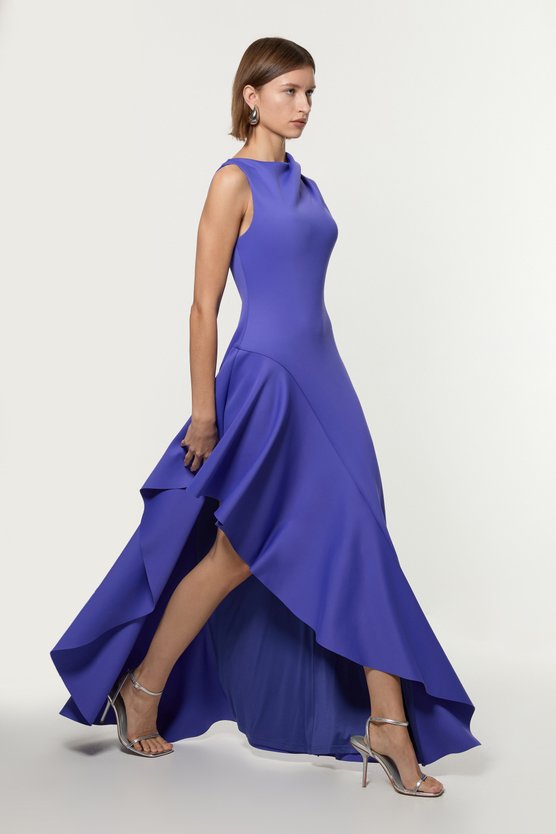 karen millen Scuba Drama Ruffle Hem Woven Maxi Dress cobalt