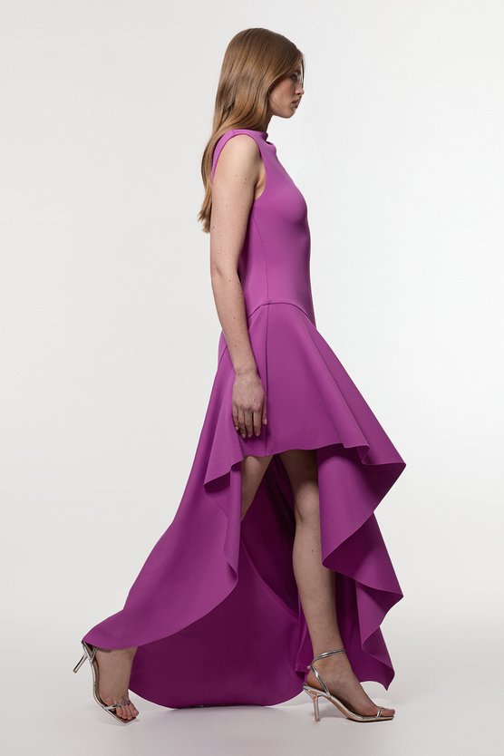 Karen Millen Scuba Drama Ruffle Hem Woven Maxi Dress Purple