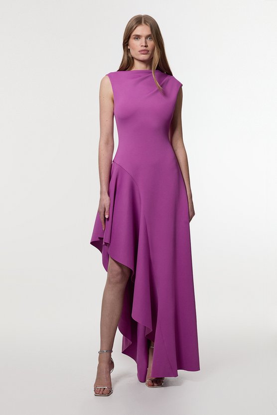 karen millen Scuba Drama Ruffle Hem Woven Maxi Dress purple