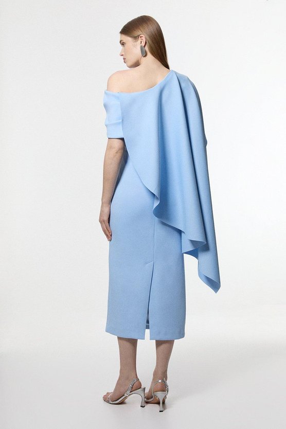Karen Millen Scuba Drama Shoulder Detail Woven Midi Dress Baby Blue