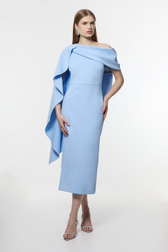 karen millen Scuba Drama Shoulder Detail Woven Midi Dress baby blue