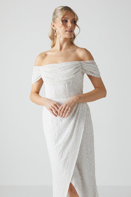 Karen Millen Sequin Bardot Wrap Skirt Wedding Dress Ivory