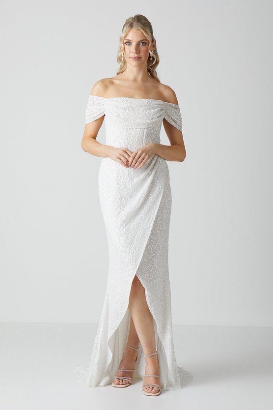 karen millen Sequin Bardot Wrap Skirt Wedding Dress ivory