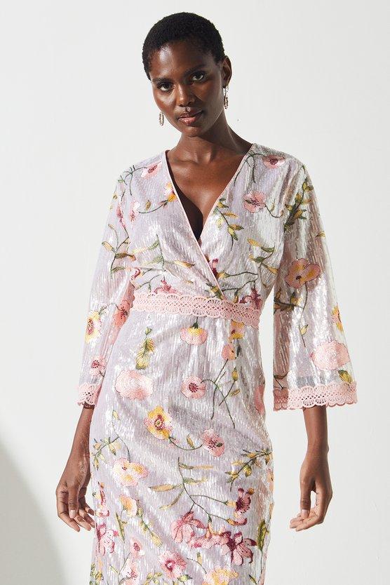 Karen Millen Sequin Embroidered Wrap Front Midi Dress Gold