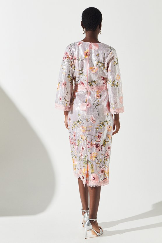 Karen Millen Sequin Embroidered Wrap Front Midi Dress Gold