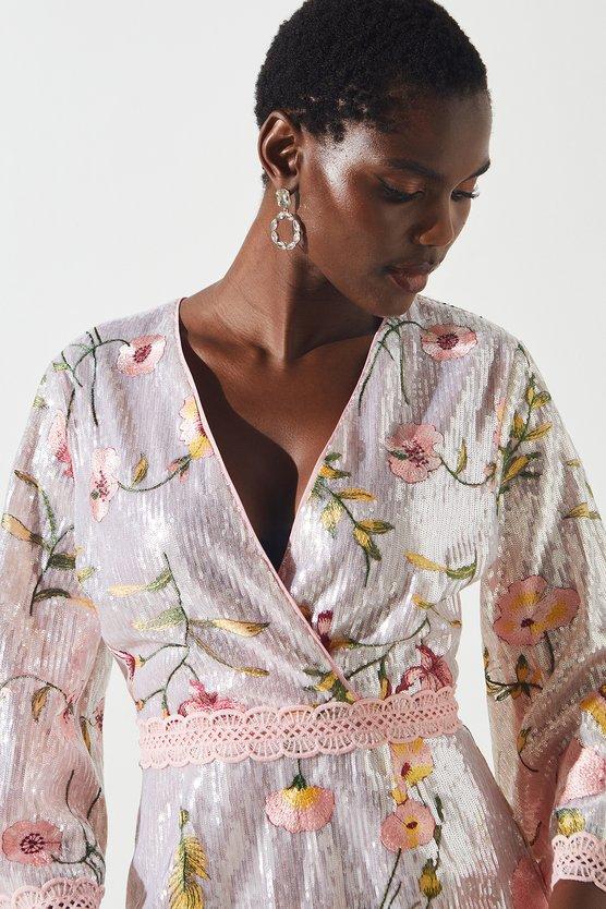 Karen Millen Sequin Embroidered Wrap Front Midi Dress Gold