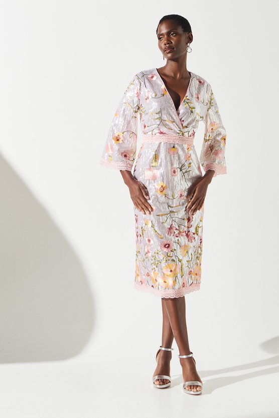 karen millen Sequin Embroidered Wrap Front Midi Dress gold