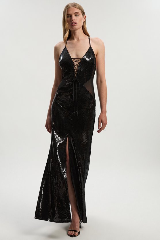 Karen Millen Sequin Power Mesh Lace Up Front Halter Neck Split Detail Maxi Dress Black