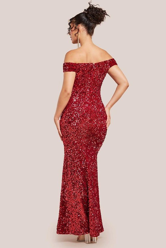Karen Millen Sequin Velvet Bardot Evening Maxi Dress Red