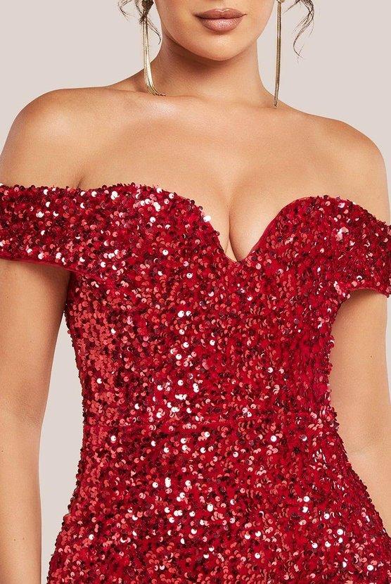 Karen Millen Sequin Velvet Bardot Evening Maxi Dress Red