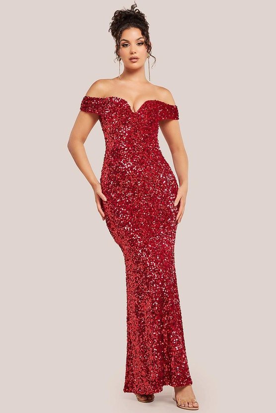karen millen Sequin Velvet Bardot Evening Maxi Dress Red