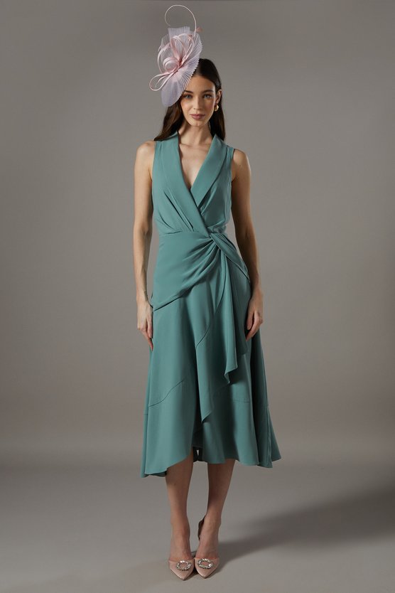 karen millen Shawl Collar Ruffle Hem Midi Dress sage