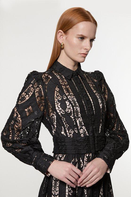 Karen Millen Sheer Georgette Cutwork Balloon Sleeve Woven Maxi Dress Black