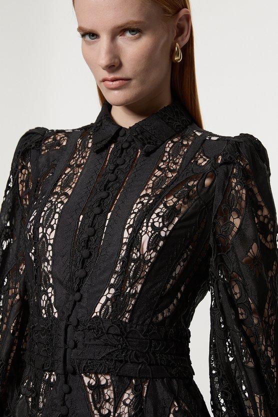 Karen Millen Sheer Georgette Cutwork Balloon Sleeve Woven Maxi Dress Black