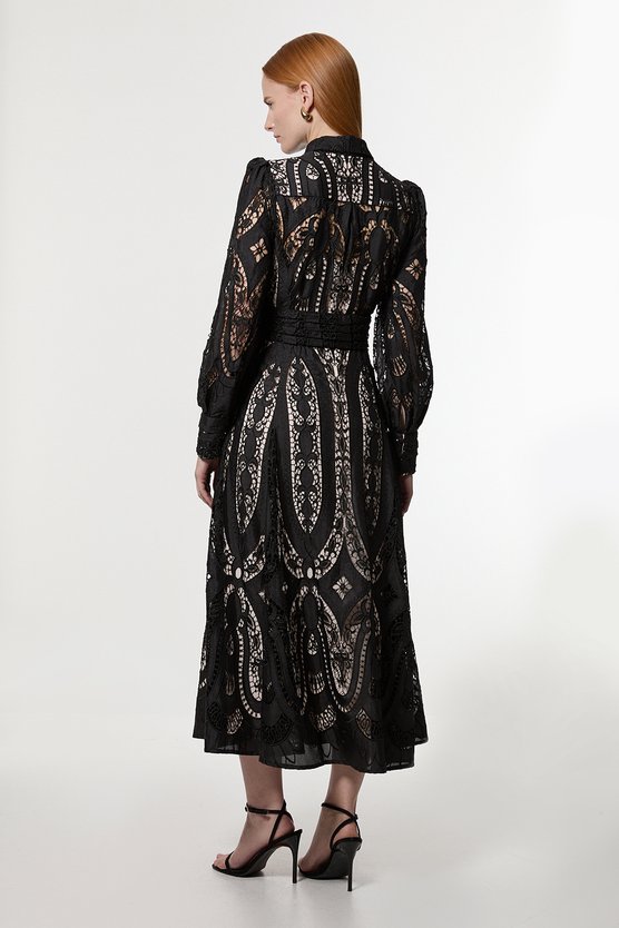 Karen Millen Sheer Georgette Cutwork Balloon Sleeve Woven Maxi Dress Black