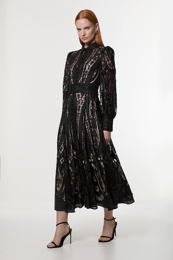 karen millen Sheer Georgette Cutwork Balloon Sleeve Woven Maxi Dress black