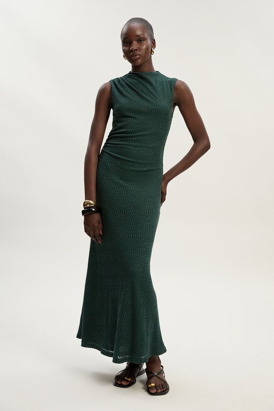 karen millen Sheered Textured Jersey Maxi Dress emerald